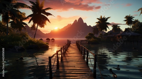 A sunset scene in Bora Bora, with overwater bungalows, a tranquil lagoon, and Mount Otemanu silhouetted against the sky.