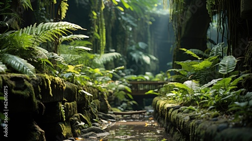 An intimate forest glade filled with ancient ferns, dappled in sunlight filtering through the dense overhead canopy.