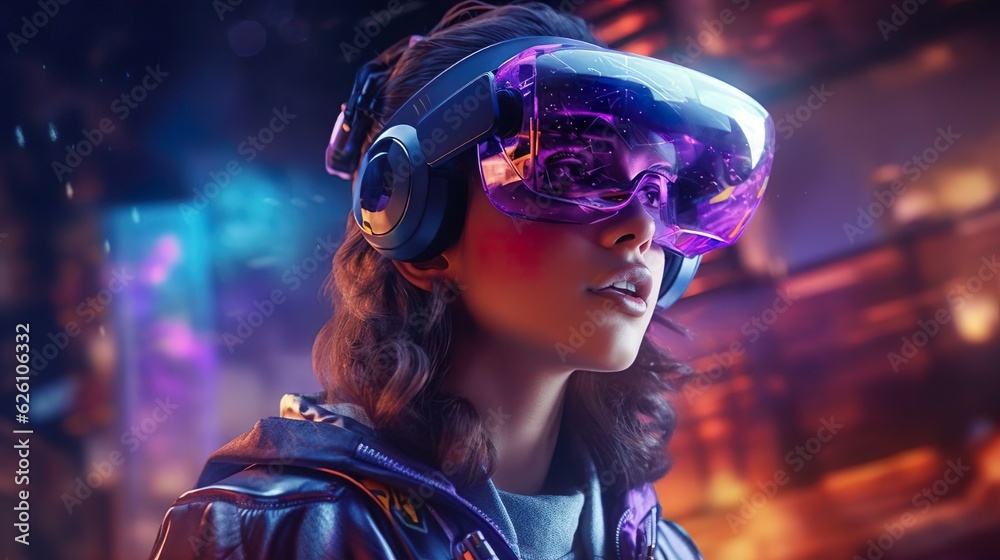 A girl wearing VR headset user, surreal world and virtual reality, AI artificial intelligence man wearing VR glasses virtual global world internet connection and new experience in the future metaverse A girl wearing VR headset user, surreal world and virtual reality, AI artificial intelligence man wearing VR glasses virtual global world internet connection and new experience in the future metaverse