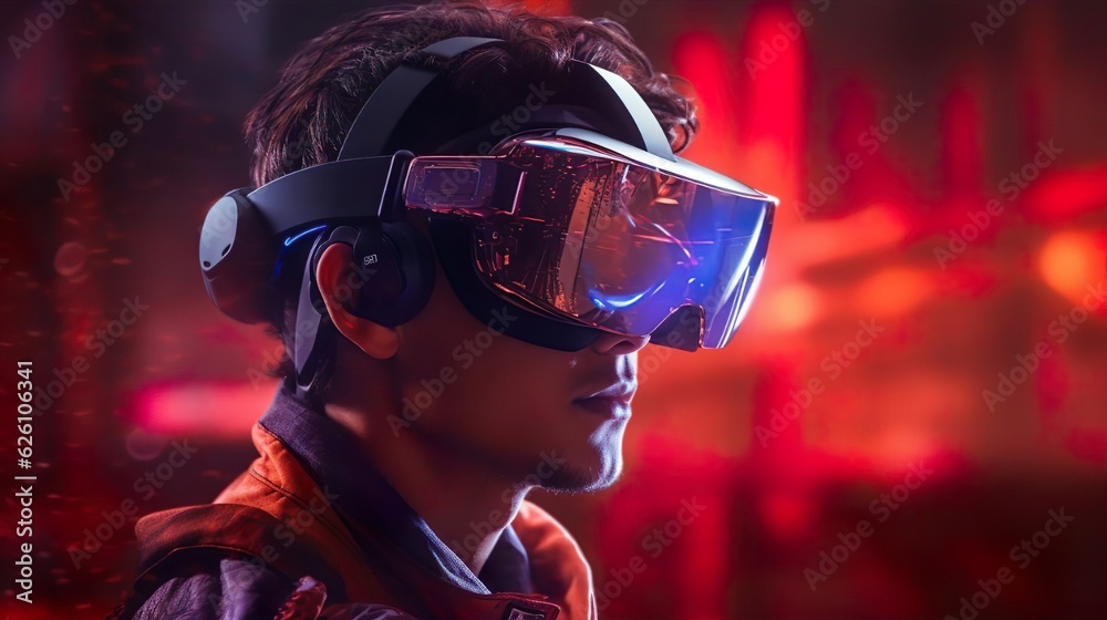 A man wearing VR headset user, surreal world and virtual reality, AI artificial intelligence man wearing VR glasses virtual global world internet connection and new experience in the future metaverse A man wearing VR headset user, surreal world and virtual reality, AI artificial intelligence man wearing VR glasses virtual global world internet connection and new experience in the future metaverse