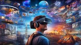 A man wearing VR headset user, surreal world and virtual reality, AI artificial intelligence man wearing VR glasses virtual global world internet connection and new experience in the future metaverse