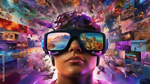 A man wearing VR headset user, surreal world and virtual reality, AI artificial intelligence man wearing VR glasses virtual global world internet connection and new experience in the future metaverse