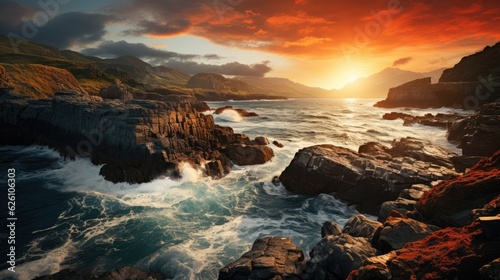 The dramatic Norwegian coastline with its towering cliffs, crashing waves, and the warm glow of the midnight sun.