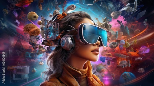 A girl wearing VR headset user, surreal world and virtual reality, AI artificial intelligence man wearing VR glasses virtual global world internet connection and new experience in the future metaverse