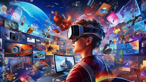 A man wearing VR headset user, surreal world and virtual reality, AI artificial intelligence man wearing VR glasses virtual global world internet connection and new experience in the future metaverse