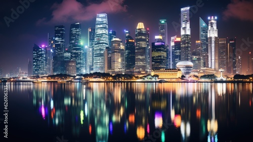 The vibrant cityscape of Singapore at night, skyscrapers illuminated in a symphony of colors reflecting in the Marina Bay.