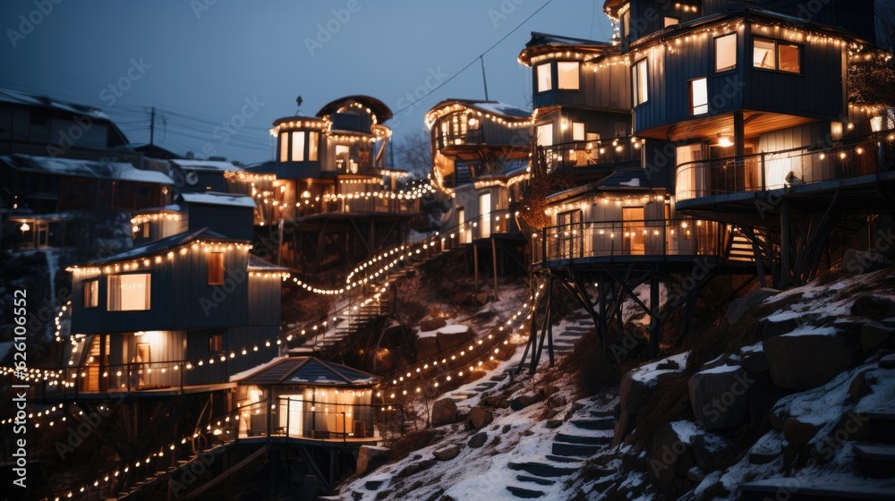 Fototapeta premium A traditional Inuit village in Greenland, with colorful houses nestled in the snow, under the vibrant display of Aurora Borealis.