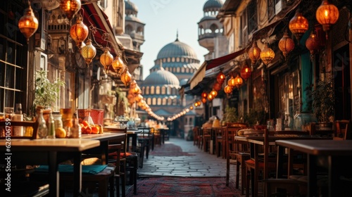 A bustling souk in Istanbul, filled with colorful spices, textiles, and lanterns, with Hagia Sophia in the backdrop. © blueringmedia