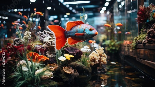 The bustling fish market in Tokyo, filled with a variety of sea creatures, and surrounded by sushi restaurants.