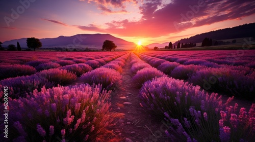 A sweeping vista of a lavender field, rows of purple stretching to the horizon, under a warm Provence sun.