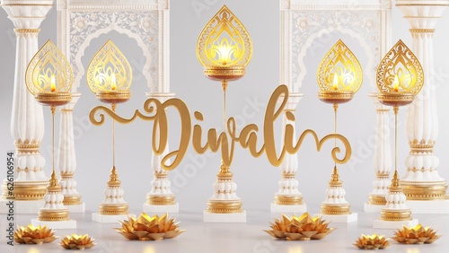 3D rendering for diwali festival Diwali, Deepavali or Dipavali the festival of lights india with gold diya on podium, patterned and crystals on color Background.