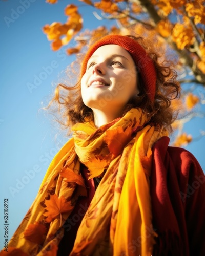 portrait low angle girl, autumn leaves