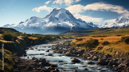 The wild, windswept landscape of the Chilean Patagonia, featuring vast plains, craggy mountains, and a rushing river.