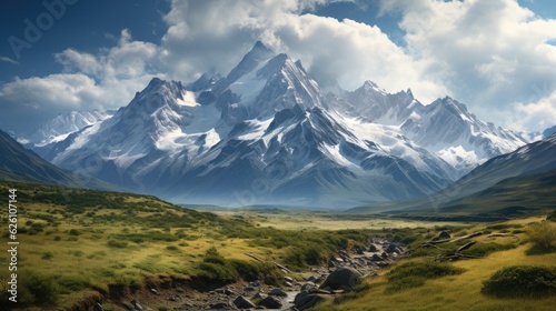 The wild, windswept landscape of the Chilean Patagonia, featuring vast plains, craggy mountains, and a rushing river.