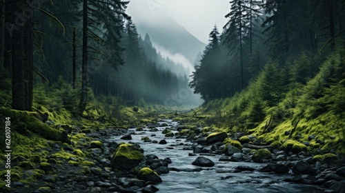 The dense, moss-draped forests of the Pacific Northwest, with a mountain stream coursing through and a hint of fog.