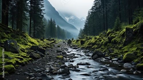 The dense, moss-draped forests of the Pacific Northwest, with a mountain stream coursing through and a hint of fog.