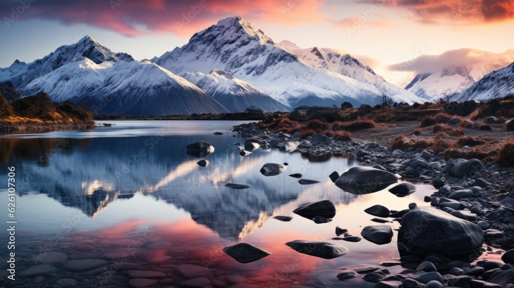The New Zealand Southern Alps at dawn, with jagged peaks dusted in snow and reflected in a crystal-clear lake below.