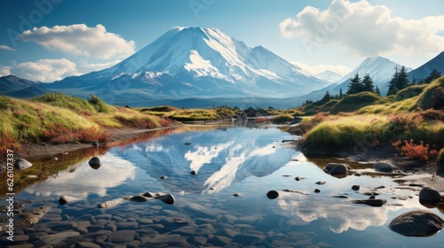 An atmospheric view of Mount Fuji in Japan, its snow-capped peak emerging from the clouds, mirrored in a tranquil lake.