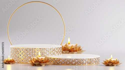 3D rendering podium for diwali festival, Deepavali or Diwali the festival of lights india with gold diya on podium, patterned and crystals on color Background.