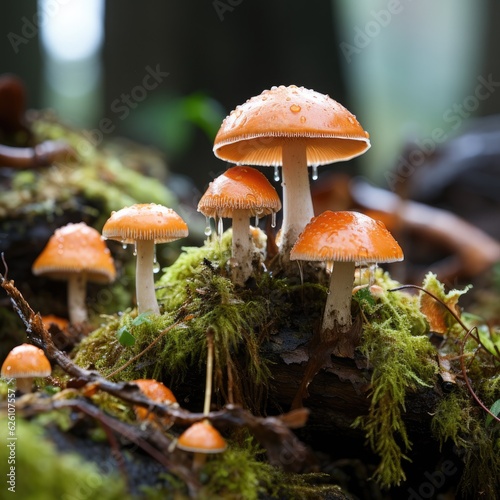 A zoomed-in perspective of a cluster of mushrooms on a log, each cap providing shelter for a myriad of tiny insects.