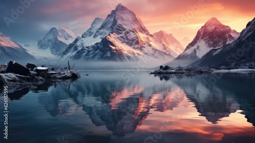 A serene view of a mountain lake at dawn, mist rising from the still water, and the reflection of a snowy peak in the mirror-like surface.