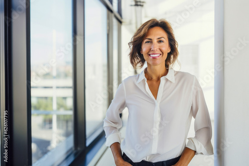 A confident and casual businesswoman and entrepreneur standing in a modern glass office, exuding professionalism and success in the contemporary corporate world.