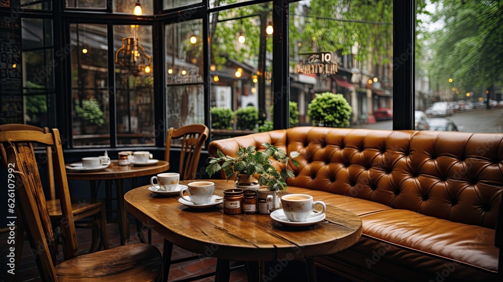 A small, cozy coffee shop on a rainy day, with steamed-up windows, soft jazz music playing, and the scent of fresh coffee filling the air.