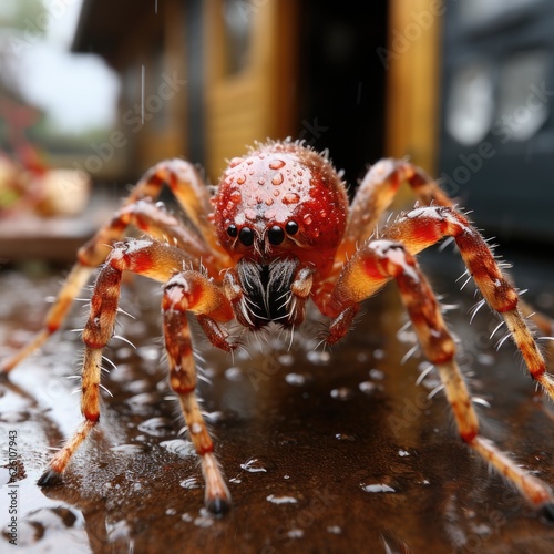 A zoomed-in view of a spider web in a garden shed, a spider patiently waiting for its prey, and dust particles floating in the air.