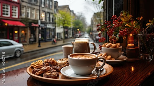 A small, cozy coffee shop on a rainy day, with steamed-up windows, soft jazz music playing, and the scent of fresh coffee filling the air.