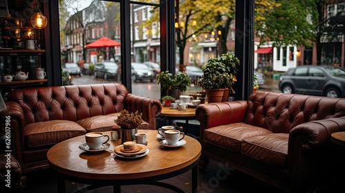 A small, cozy coffee shop on a rainy day, with steamed-up windows, soft jazz music playing, and the scent of fresh coffee filling the air. © blueringmedia