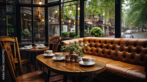 A small, cozy coffee shop on a rainy day, with steamed-up windows, soft jazz music playing, and the scent of fresh coffee filling the air.