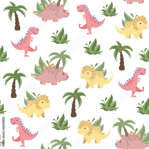 Vector childish seamless pattern with colorful dinosaurs  palm trees  footprints  stone on a white background. Ideal for baby clothes  textiles  wallpaper  wrapping paper.