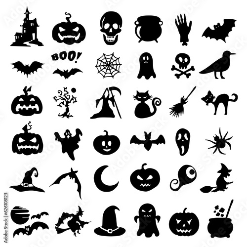 Set of silhouettes of Halloween on a white background. Vector illustration..