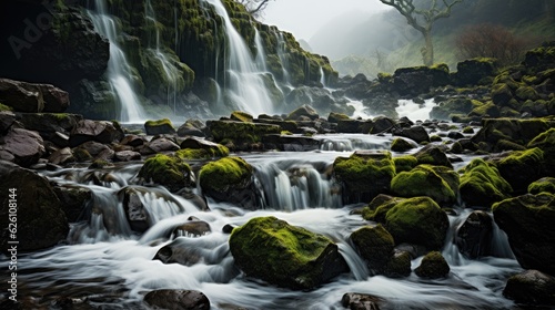 A majestic waterfall cascading down a lush  mossy cliffside  splashing into a tranquil pool below.