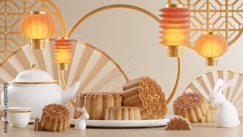 3D rendering for mid autumn festival holiday or chinese new year, chinese festivals with,lanterns, flower, moon, rabbit ,mooncake,tea pot and asian elements on background.
