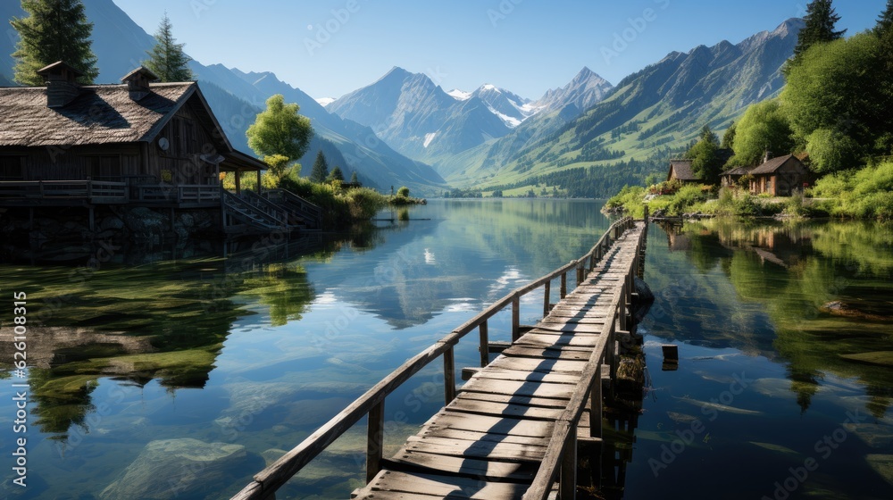 A tranquil alpine lake nestled in a valley, with a weathered wooden boathouse and jetty reaching into the crystal-clear water.
