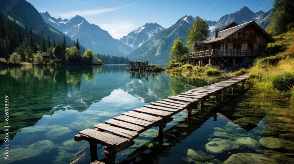 A tranquil alpine lake nestled in a valley, with a weathered wooden boathouse and jetty reaching into the crystal-clear water.