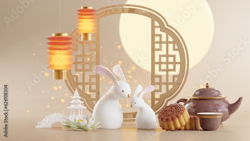 3D rendering for mid autumn festival holiday or chinese new year, chinese festivals with,lanterns, flower, moon, rabbit ,mooncake,tea pot and asian elements on background.