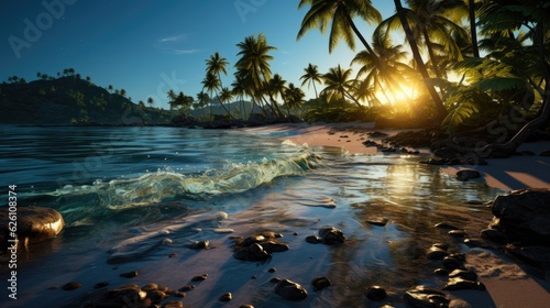 A moonlit beach  with gentle waves lapping on the sandy shore and palm trees swaying in the tropical breeze.