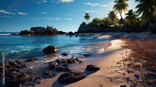 A moonlit beach, with gentle waves lapping on the sandy shore and palm trees swaying in the tropical breeze.