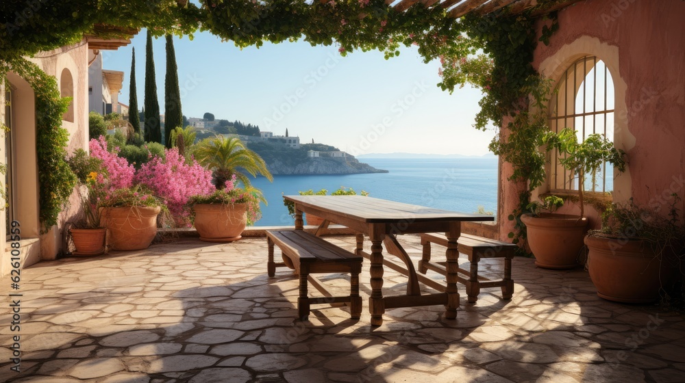 A sun-drenched Mediterranean terrace with a view of the sea, bougainvillea vines creeping up the walls, and a table set for lunch.