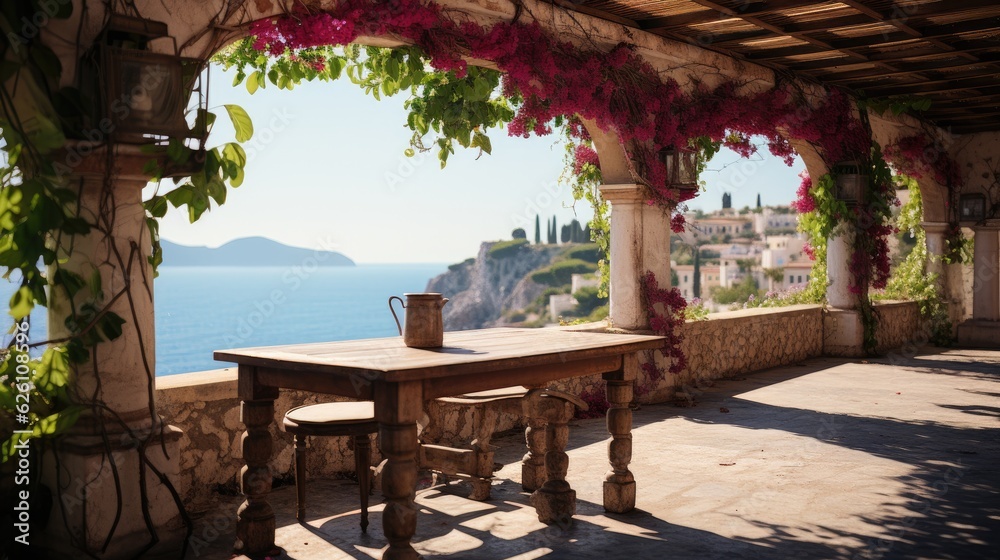 A sun-drenched Mediterranean terrace with a view of the sea, bougainvillea vines creeping up the walls, and a table set for lunch. A sun-drenched Mediterranean terrace with a view of the sea, bougainvillea vines creeping up the walls, and a table set for lunch.