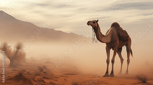 A hot, dusty desert with undulating sand dunes, the silence broken by the whispering wind, and a lone camel silhouette on the horizon.