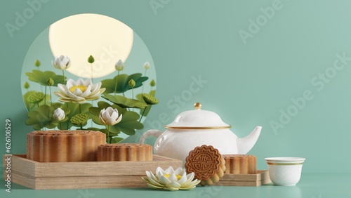 3D rendering for mid autumn festival holiday or chinese new year, chinese festivals with,lanterns, flower, moon, rabbit ,mooncake,tea pot and asian elements on background.