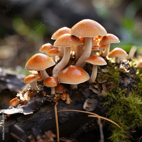 A macro look at a cluster of mushrooms on a log, their caps providing shelter for a myriad of tiny insects.
