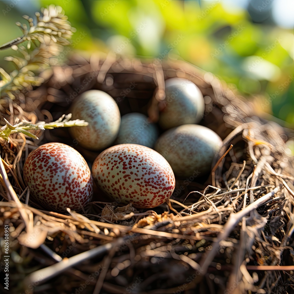 A zoomed-in view of a bird's nest in a garden bush, the hatchlings waiting for their next meal, and a curious caterpillar inching closer. A zoomed-in view of a bird's nest in a garden bush, the hatchlings waiting for their next meal, and a curious caterpillar inching closer.