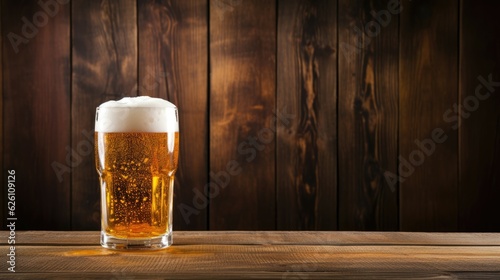 Beer close up on a wooden wall background. Oktoberfest concept. Generative AI