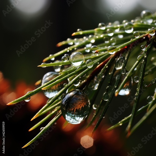 A macro look at the world reflected in a raindrop hanging off a pine needle, the forest turned upside down within its glistening surface.