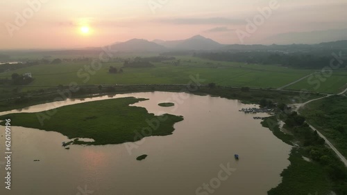 Aerial view evening sunset at Pengkalan Sepit Biru Permatang Berangan, Pinang Tunggal, Kedah photo