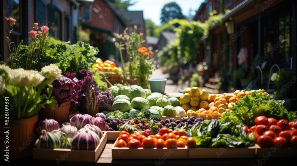 A bustling farmer's market on a sunny day, stalls overflowing with fresh fruits, vegetables, flowers, and the hum of happy shoppers.